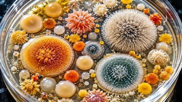 Microbial Colonies in Petri Dish, Colorful Laboratory Culture and Microbiology Research
