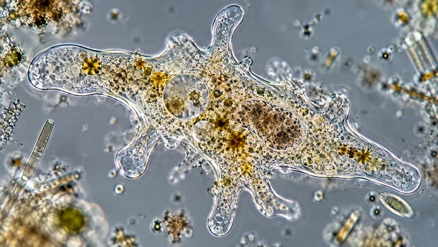 Freshwater Amoeba Under Microscope, Detailed Protozoan Cell and Microscopic Life
