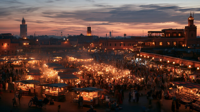 Busy Eastern bazaar at dusk, warm lights glowing from market stalls, street food vendors, crowds walking through the square