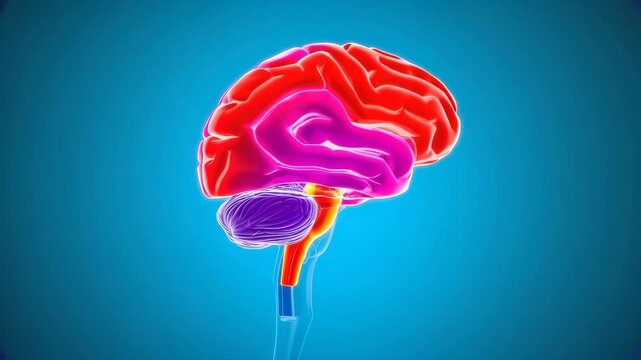 3D anatomical model of a human brain with the cerebrum, cerebellum, and brainstem highlighted in distinct colors on a blue background.