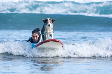Woman and dog surf together on wave. Dog stands alert beside her, focused on ride. Woman smiles, enjoying adventure with companion. Perfect for themes of teamwork, loyalty, or outdoor fun © Eva
