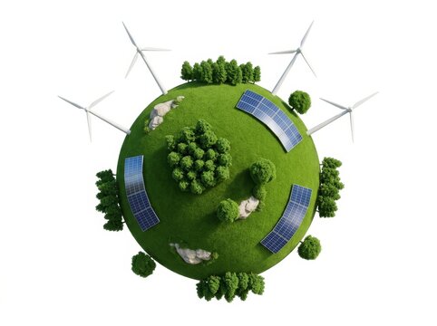 Artificial planet covered in grass with solar panels and wind turbines. Represents green energy solutions.