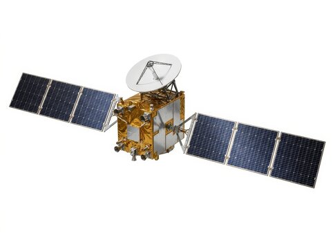 A detailed close-up of a gold and blue satellite, showcasing solar panels and dish.