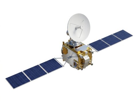 Detailed image of a satellite in space with large solar panels, illustrating cutting-edge technology.