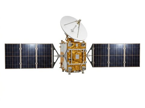 High-resolution image of a satellite with solar panels extended, showcasing advanced technology.