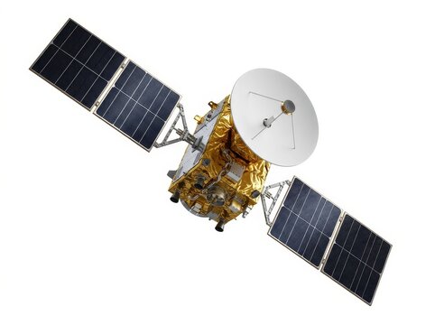 High-tech satellite with solar panels and a large dish photographed in space.