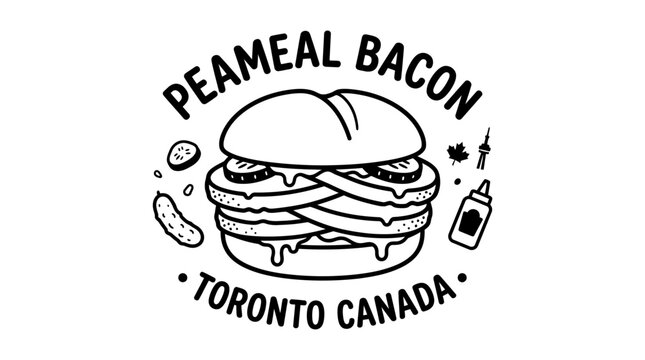 Very beautiful black and white vector food set featuring a Toronto peameal bacon sandwich with thick sliced pork, soft bun, mustard and pickles, PEAMEAL BACON &bull; TORONTO CANADA, isolated on white backg