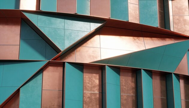 abstract architecture background, metallic wall panel, modern geometric facade, copper teal texture, futuristic metallic cladding, 3d parametric exterior, bronze geometric structure background