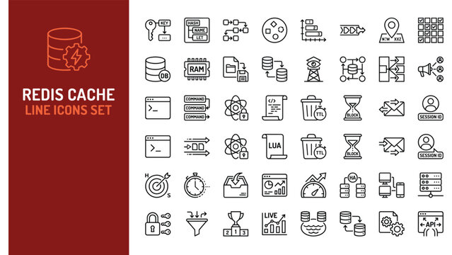 Redis cache and database line icons set with RAM, server and key symbols for web use