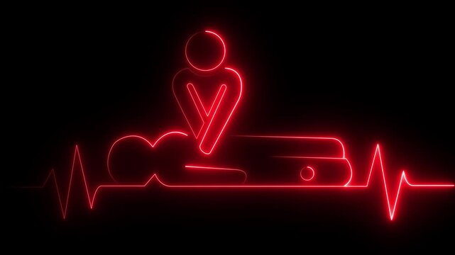 neon heartbeat icon animation. CPR chest compressions showing medical resuscitation technique for training, safety, motion graphic of a heart beat concept. 4k video