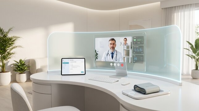 Remote Medical Consultation Station with Smart Monitor, Prescription Notes and Blood Pressure Device