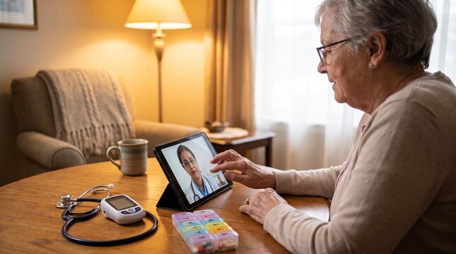 Senior Telehealth Setup with Tablet, Digital Stethoscope and Medication Organizer in a Warm Home