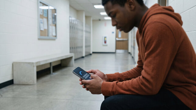 Student pauses for an age verification check in a modern school setting
