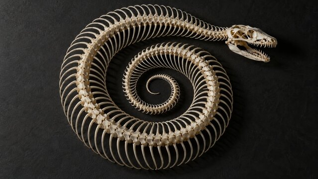 Snake skeleton coiled tightly on a dark archival specimen surface
