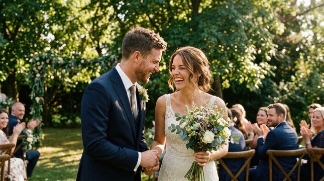 Joyful bride and groom laughing together with falling rose petals at outdoor wedding