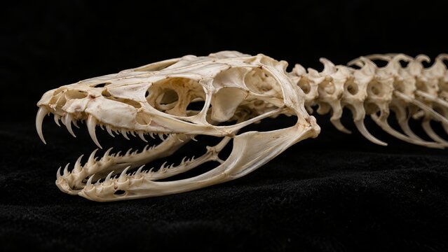Snake skull resting beside articulated neck vertebrae on black velvet