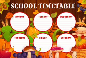 Fototapeta premium Education timetable schedule with autumn fall leaves, fruits and vegetables harvest. Planning sheet, weekly lesson chart, study organizer. Vector school time table with pumpkin, apples and foliage