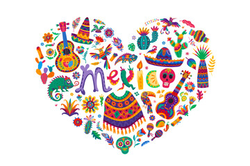 Naklejka premium I love Mexico heart shape with Mexican ethnic folklore decorations and food. Vector traditional ornament with Mexico lettering, guitar, sombrero and cactus. Skull, candle, maracas, taco and flowers