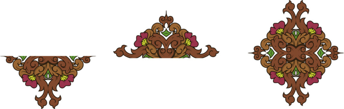 Traditional Indonesian batik floral corner and header ornament vector element pack for wedding design