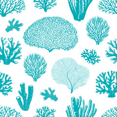 Fototapeta premium Silhouettes of sea blue coral reef and ocean seaweed seamless pattern background. Underwater pattern with sea fan corals, brain corals, tube sponges and aquatic plants for coastal home decor textiles