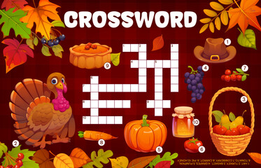 Fototapeta premium Autumn and Thanksgiving crossword quiz grid. Fall word puzzle featuring turkey, pumpkin, pilgrim hat, honey jar, grapes and pie. Vibrant crossword quiz grid with fall leaves for Thanksgiving worksheet