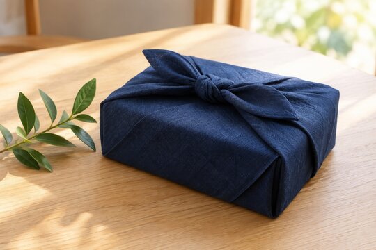 Gift wrapped in indigo furoshiki cloth on a wooden table