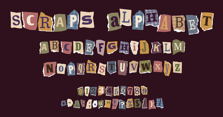 Retro news paper cutout ransom font letters, crime alphabet collage, scrapbook newspaper and magazine characters. Vector English ABC typography signs, numbers and punctuation on torn paper scraps © Vector Tradition