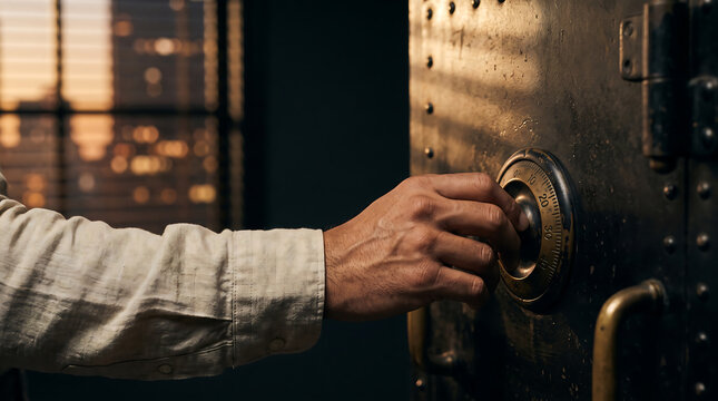 Close up of a person's hand turning the circular combination dial on a heavy, dark metal bank vault door, with window blinds casting shadows in the background
