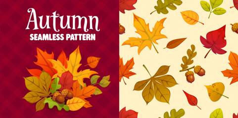 Fototapeta premium Autumn leaves seamless pattern with fall maple, oak and birch bright leaves. Fall season background. Vector repeat tile, warm seasonal motif with red, orange, yellow and green tree foliage and acorns