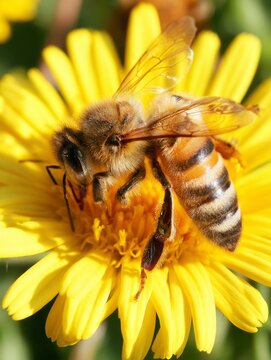 Honeybee collecting pollen on a yellow flower