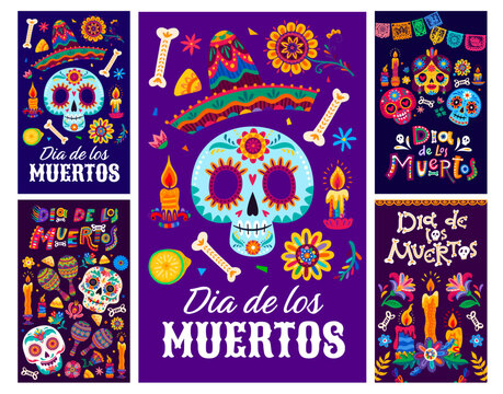 Mexican Day of the Dead Dia de Los Muertos holiday party posters. Mexican holiday party posters with calavera skulls, bones, papel picado banners and marigold flowers for Dia de los Muertos events