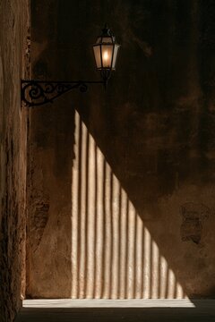 Striped sunlight beneath a wall mounted lantern