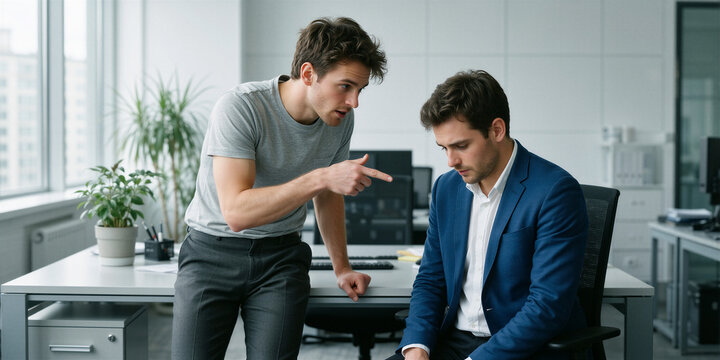 A junior staff member in a gray tee points accusingly at a downcast colleague in a blue blazer in a minimalistic modern office.