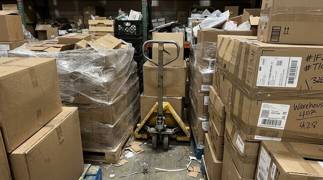 Close-Up of Pallet Jack Stuck Behind Overflow Inventory in Warehouse Showing Blocked Material Handling