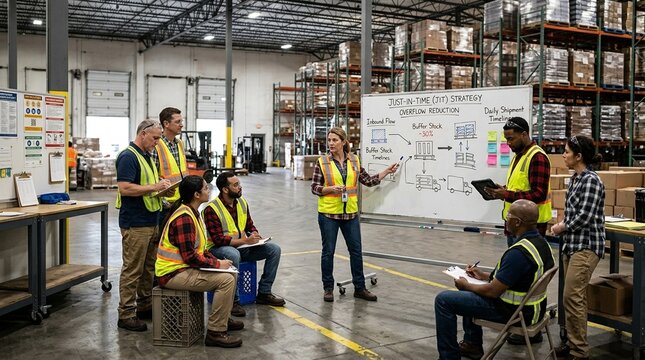 Warehouse Team Discussing Just-in-Time Strategy to Reduce Overflow Showing Lean Inventory Management
