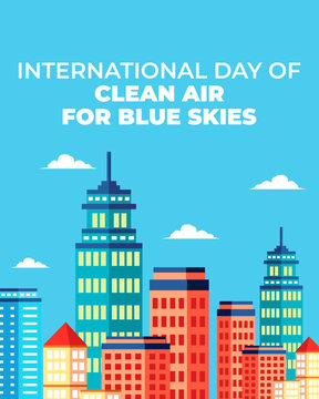 International Day of Clean Air for Blue Skies vertical poster template featuring modern city skyscraper building