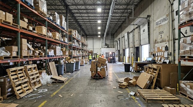 Wide Shot of Warehouse with Cluttered Aisle Near Receiving Area Showing Disorganized Storage and Congestion