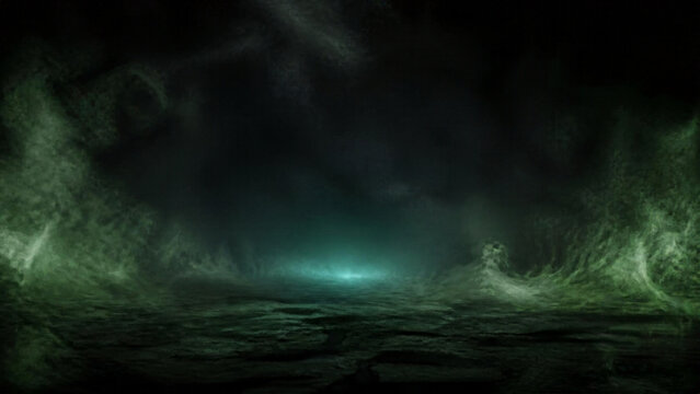 Dark halloween background with green mystical fog and glowing light