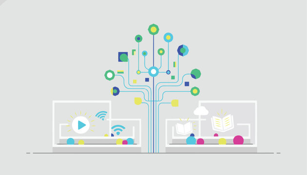 Glowing digital technology tree connects interactive multimedia computer stations on a clean gray background.