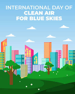 Clean air blue skies environmental vertical poster layout showing city park green trees and urban skyline