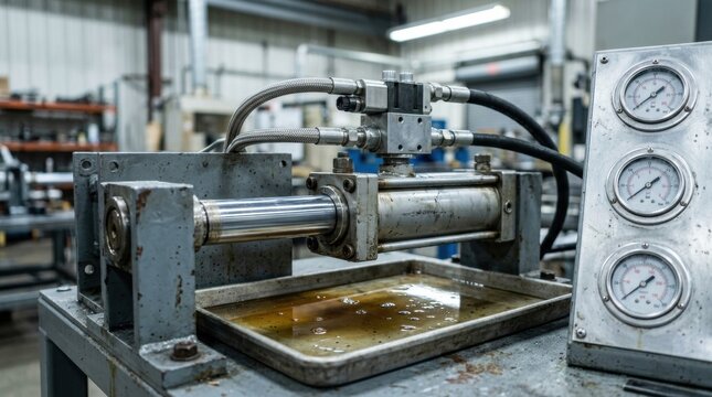 Hydraulic cylinder, servo valve, gauge cluster, and pressure lines on a test stand with oil residue and factory equipment.