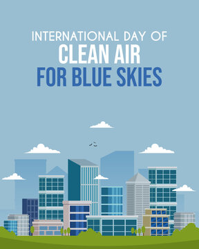Minimalist blue sky city buildings vertical flyer background for International Day of Clean Air awareness campaign