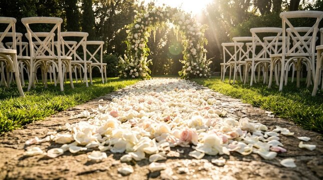 Garden outdoor wedding aisle strewn with flower petals and floral arch