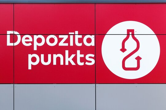 Riga, Latvia - May 26, 2024: Beverage deposit system sign in Latvia