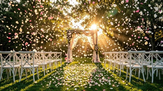 Outdoor wedding arch with falling confetti and flower petals at sunset