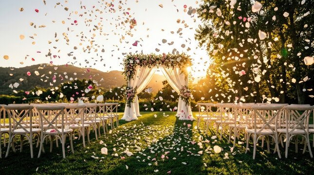 Outdoor wedding arch with falling confetti and flower petals at sunset