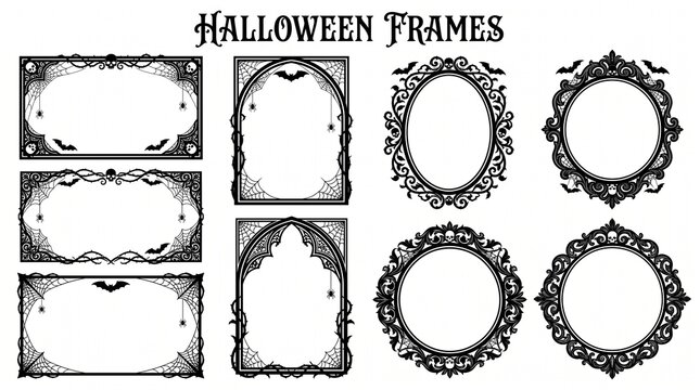 A collection of decorative halloween themed frames featuring skulls bats and spider webs in a black silhouette style with diverse set