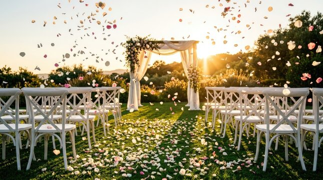 Outdoor wedding arch with falling confetti and flower petals at sunset