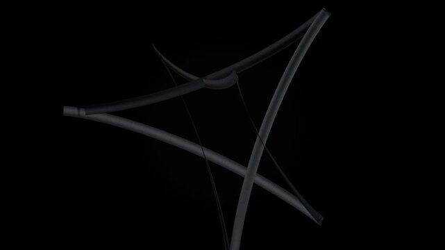 Abstract 3d triangular structure made of thin curved lines, minimalist geometric frame isolated on a black background