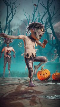 Halloween party. Funny zombies and spooky skeletons dancing in a scary gothic graveyard. 3D animated background for holiday cards, invitations, posters, events, parties